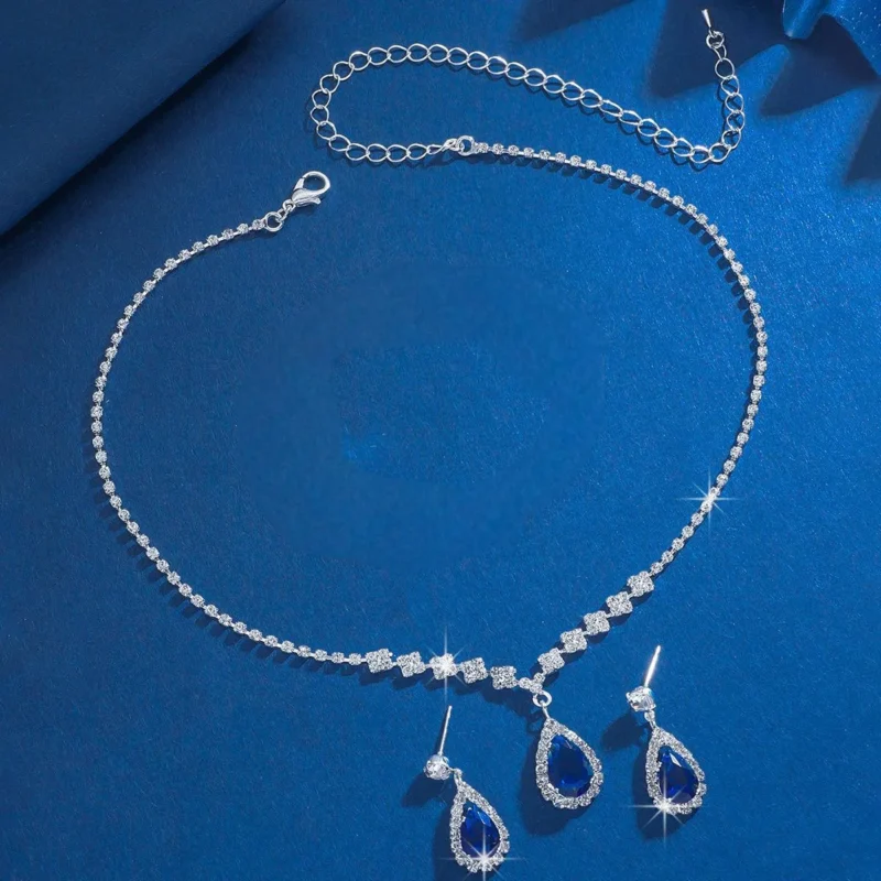 Water Droplets Zircon Silver Plated Women's Earrings Necklace Set