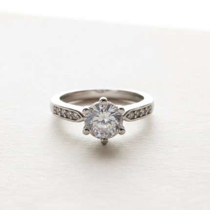 Round Solitaire Ring with Silver Pavé Band