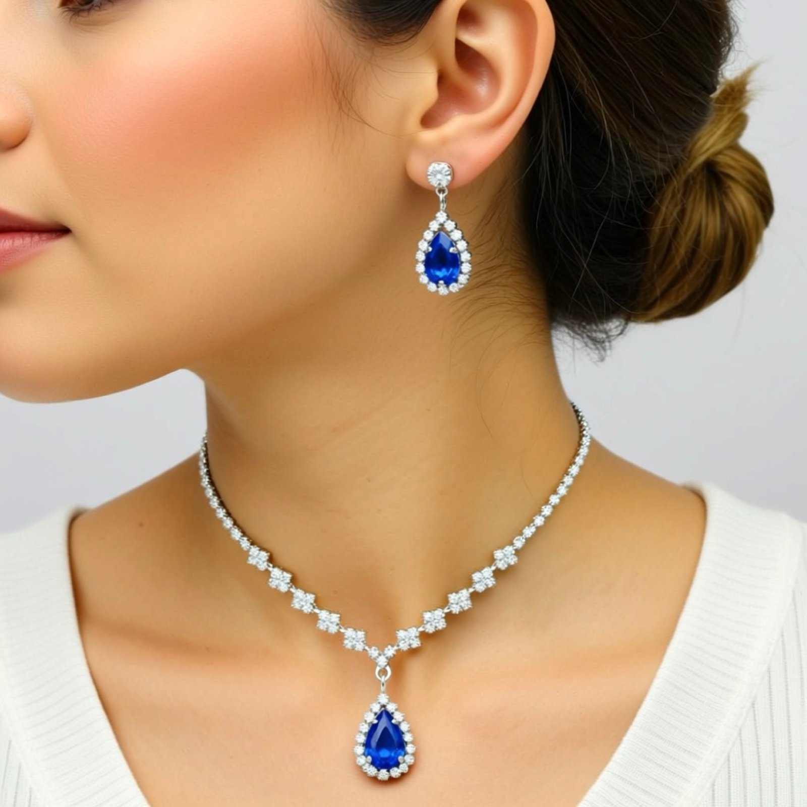 Water Droplets Zircon Silver Plated Women's Earrings Necklace Set