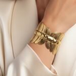 Gold Toned Leaf Design Wide Cuff Bracelet
