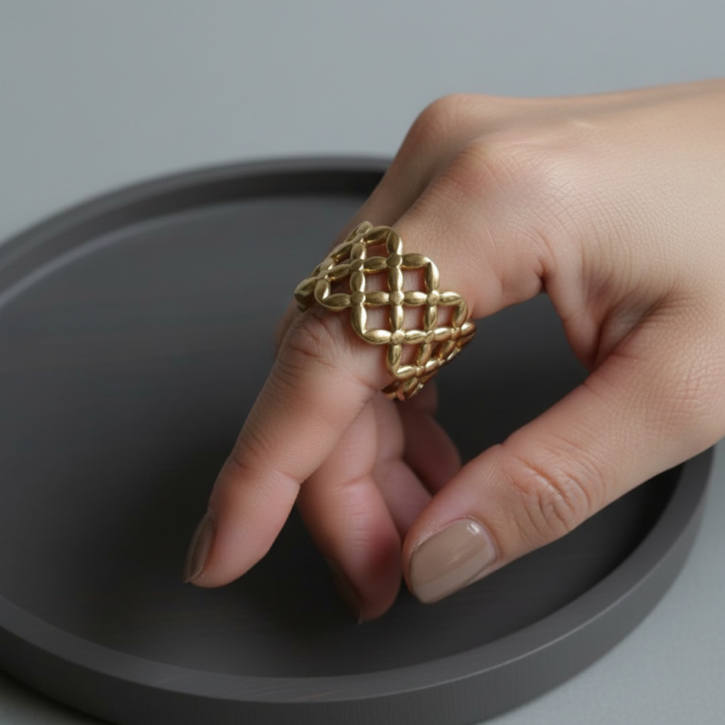 Gold Plated Lattice Statement Adjustable Ring