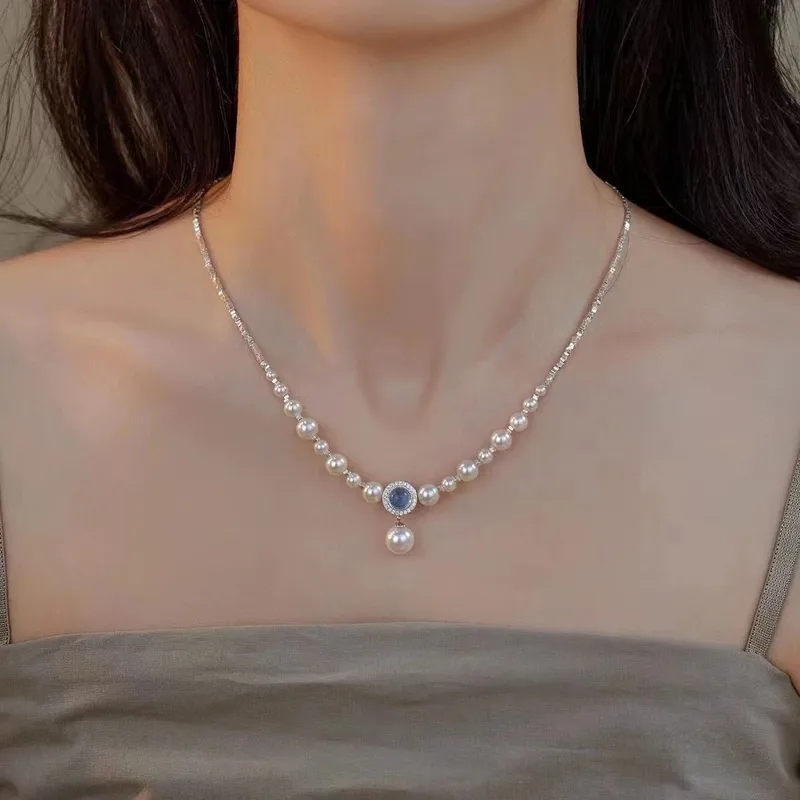 Luminous Sapphire Blue Gem Pearl Drop Necklace