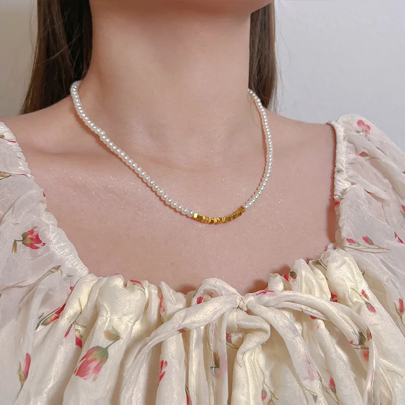 Radiant Minimalist Pearl & Gilded Cube Necklace