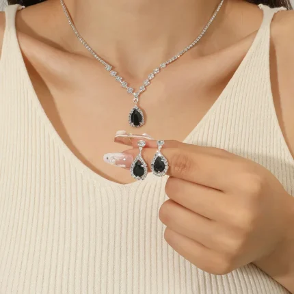 Black Water Droplets Zircon Silver Plated Set